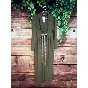Boutique Floral Belted Duster Kimono Long Jacket Maxi Coverup Olive Green 8 Med